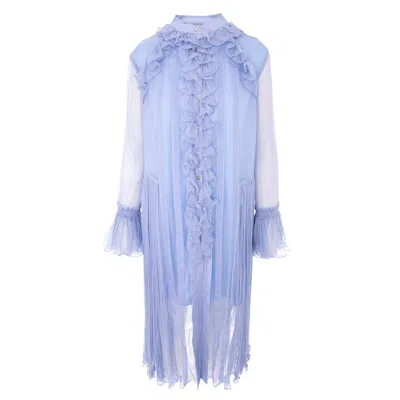 Monarh Women's Blue Elegant Silk Ruffle Dress With Long Sleeve