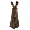 Monarh Women's Brown Ruffled Maxi Dress With Deep V Back – Bronze In Brown