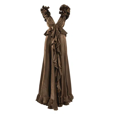 Monarh Women's Brown Ruffled Maxi Dress With Deep V Back – Bronze
