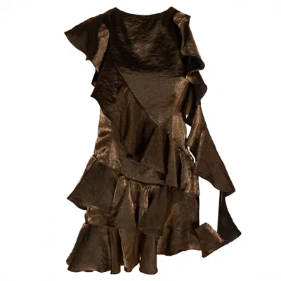 Monarh Women's Brown Ruffled Mini Dress With Open Sleeve – Bronze
