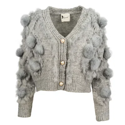 Monarh Women's Elegant Grey Knit Cardigan With Natural Fur Details