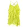 Shop Monarh Women's Green Lucky Lime  Silk Dress With Ruffles
