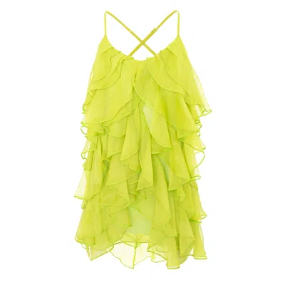 Monarh Women's Green Lucky Lime  Silk Dress With Ruffles