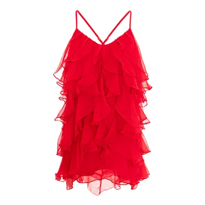 Monarh Women's Lucky Red  Silk Dress With Ruffles
