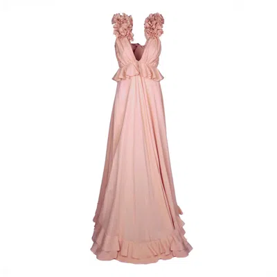 Monarh Women's Pink Ruffled Maxi Dress With Deep V Neckline – Blush