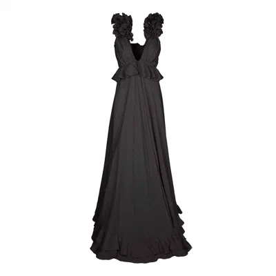 Monarh Women's Ruffled Maxi Dress With Deep V Neckline – Black