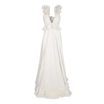 Monarh Women's Ruffled Maxi Dress With Deep V Neckline – White