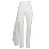 Monarh Women's White Tapered Pants With Side Ruching And Silk Ruffle In White