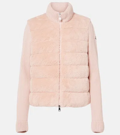 Moncler Down-paneled Faux Fur And Wool Cardigan In Pink