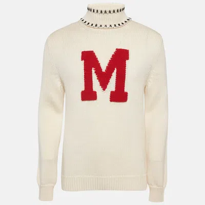 Pre-owned Moncler 2 1952 White Intarsia Wool Knit Turtleneck Sweater L