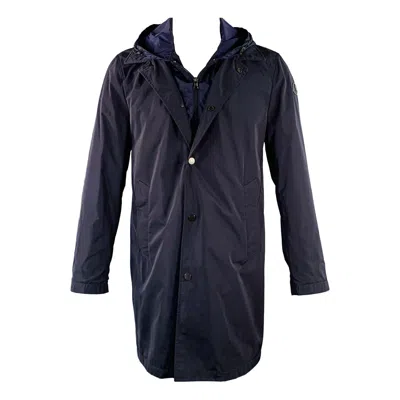 Pre-owned Moncler 2016 Size M Reynaud Black Navy Polyamide Zip Snaps Coat In Blue