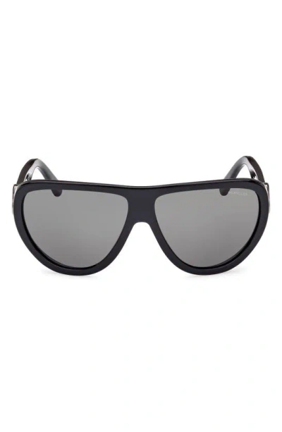 Moncler 62mm Pilot Sunglasses In Shiny Black / Smoke