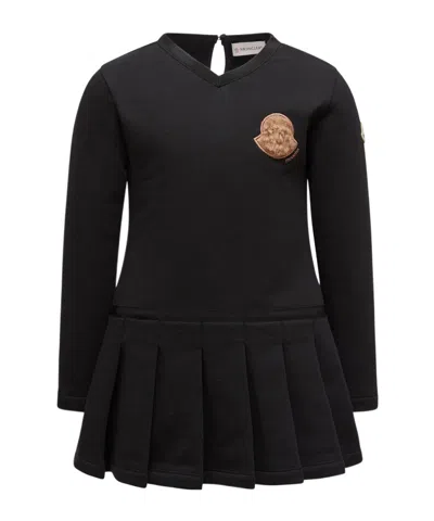 Moncler Abito In Cotone Plissettato Con Logo Teddy In Black
