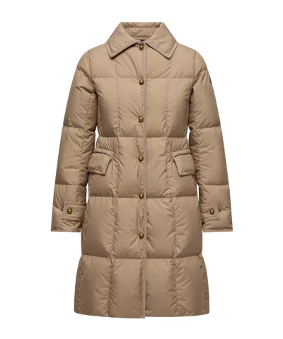 Moncler Achard Long Down Jacket In Brown