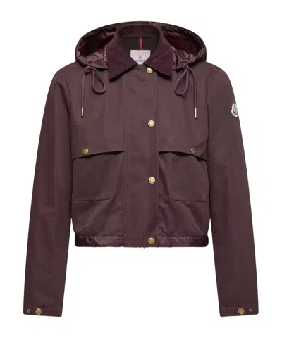 Moncler Aconitum Hooded Cotton  Linen Blend Shirt Jacket In Burgundy