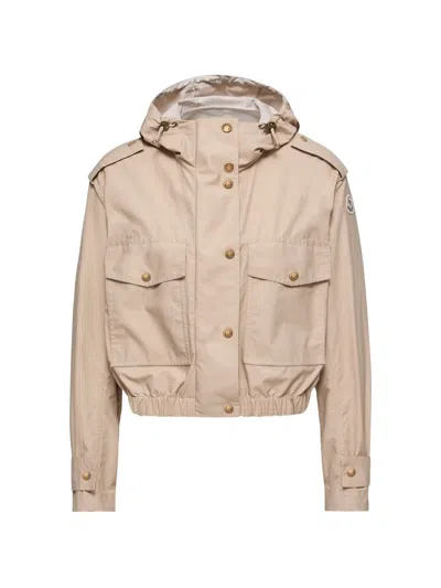 Moncler Carex Cropped Hooded Cotton-blend Poplin Jacket In Neutral