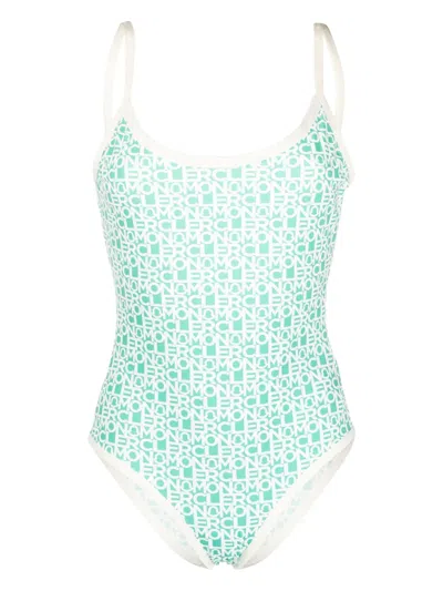 Moncler Stretch Nylon One-piece Swimsuit With All-over Logo In Blue