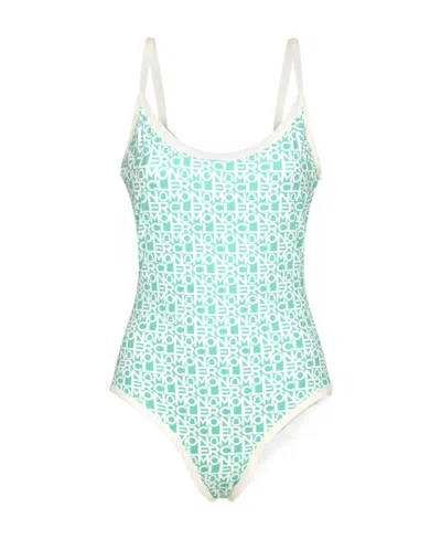 Moncler Stretch Nylon One-piece Swimsuit With All-over Logo In Blue