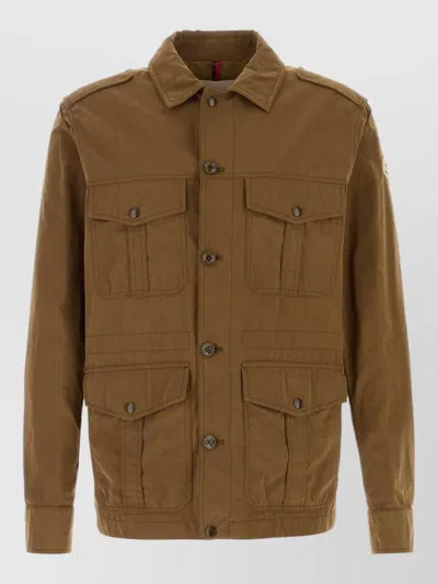 Moncler Amnicon Cotton Blend Jacket Flap Pockets Epaulettes In Brown