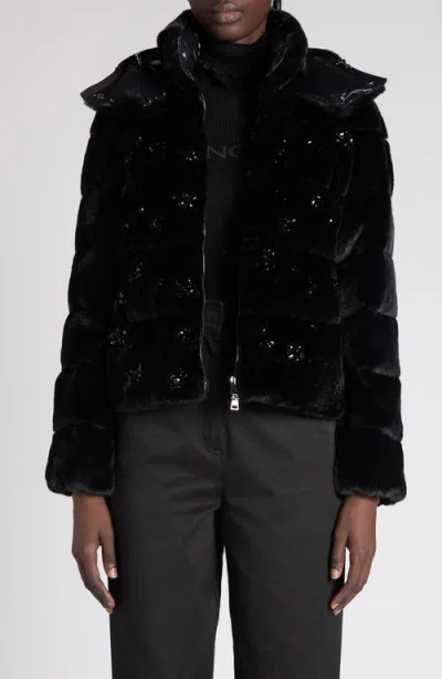 Moncler Andronne Embellished Faux Fur Down Jacket In Black