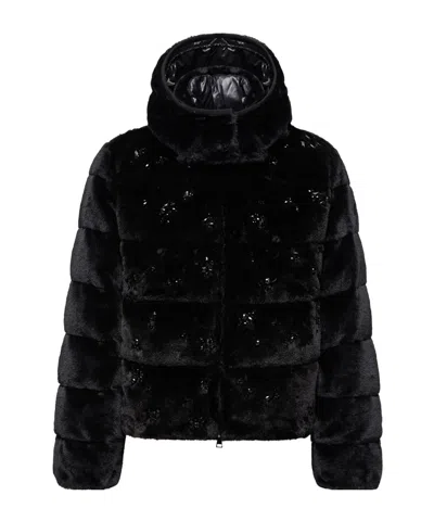 Moncler Andronne Sequin-embroidered Hooded Short Down Jacket In Black