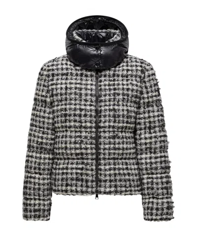 Moncler Andronne Tweed Hooded Short Down Jacket In Brown