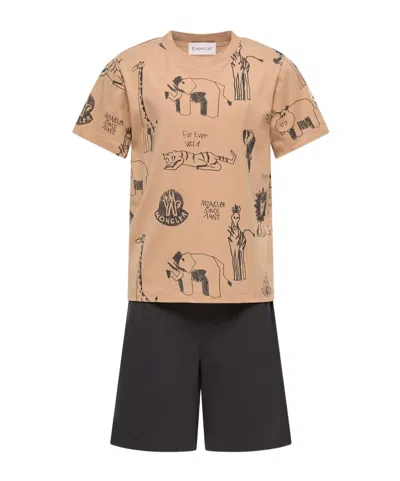 Moncler Animal Print Cotton Set In Brown