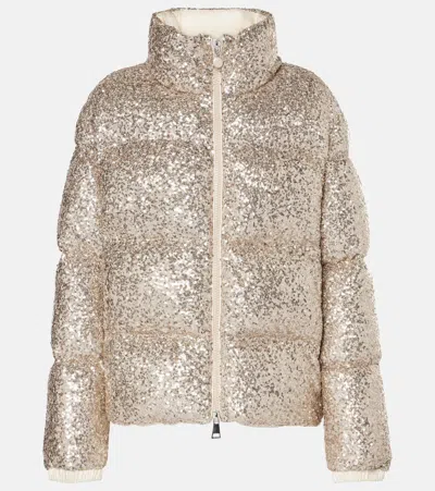 Moncler Anternes Sequin-embroidered Short Down Jacket Beige In Gold