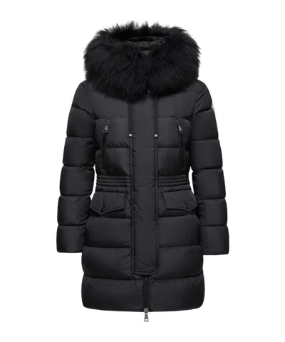 Moncler Aphroti Hooded Shearling-trimmed Long Down Jacket In Black
