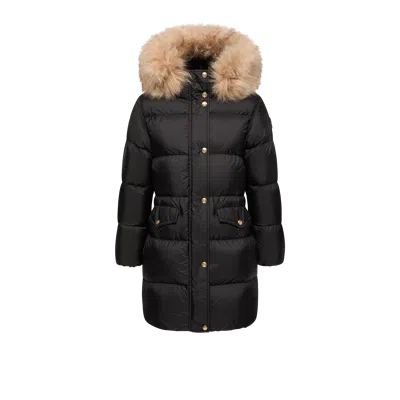 Moncler Aphroties Shearling Trimmed Hooded Long Down Parka Jacket, Women, Black, Size: 0 In ブラック