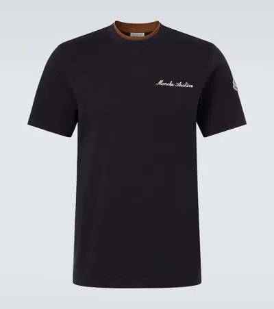 Moncler Navy Blue Cotton Embroidered Logo T-shirt In Black