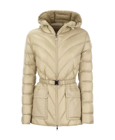 Moncler Argenno Logo Patch Down Jacket In Neutral
