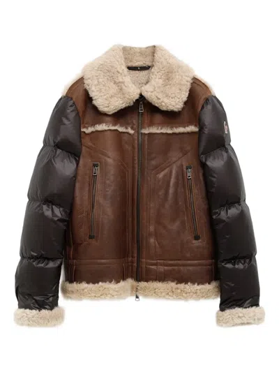 Moncler Grenoble Mini Down Jacket With Napa Leather And Shearling Inserts In Brown