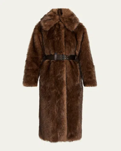 Moncler Arly Long Faux Fur Coat In Brown