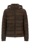 Moncler Arneb Hooded Suede Short Down Jacket In Brown