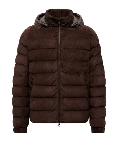 Moncler Arneb Hooded Suede Short Down Jacket In Brown