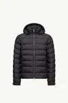 Moncler Arneb Hooded Short Down Jacket In Blue