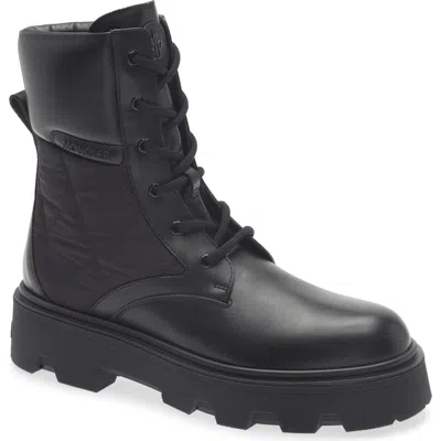 Moncler Leather Ankle Boots With Quilted Nylon Inserts And Lace-up Closure In Animal Print