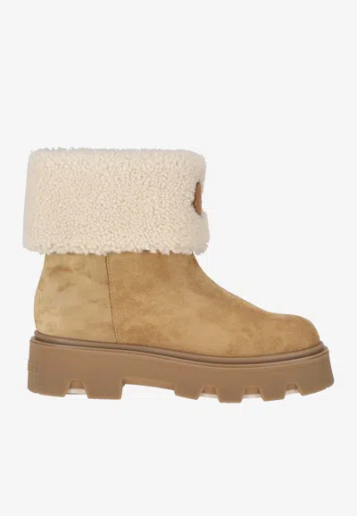 Moncler Aurea Mini Ankle Boots In Suede Leather And Shearling In Brown