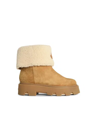 Moncler 'aurea' Suede Ankle Boots And Beige Camel Shearling In Brown