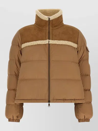 Moncler Aurore Down Coat High Collar Shearling In Brown