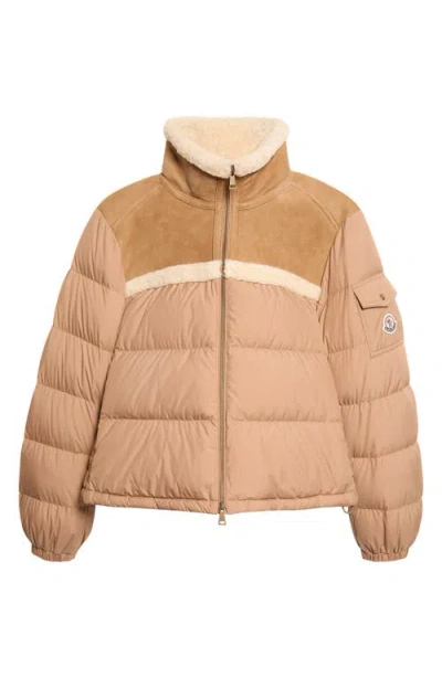 Moncler Aurore Genuine Shearling Trim Down Jacket In Brown