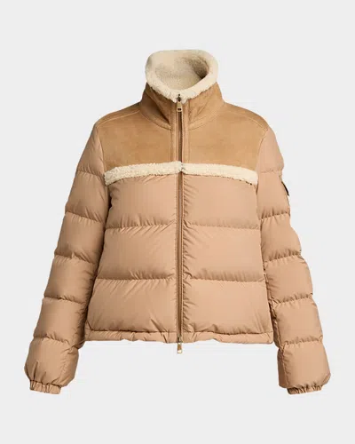 Moncler Aurore Puffer Coat With Shearling And Suede In Pink