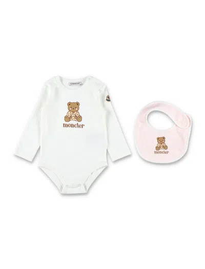 Moncler Baby Bear Bodysuit And Bib Set In White/rose