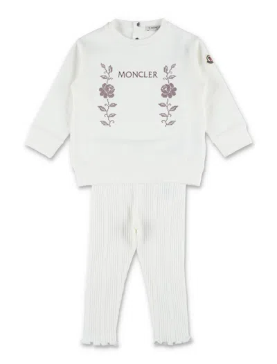 Moncler Baby Cream Set: Floral Embroidered Sweatshirt & Rib-knit Leggings In Bianco