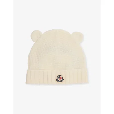 Moncler Kids' Baby Logo-badge Wool Beanie Hat Light Beige Xxxs In Neutral
