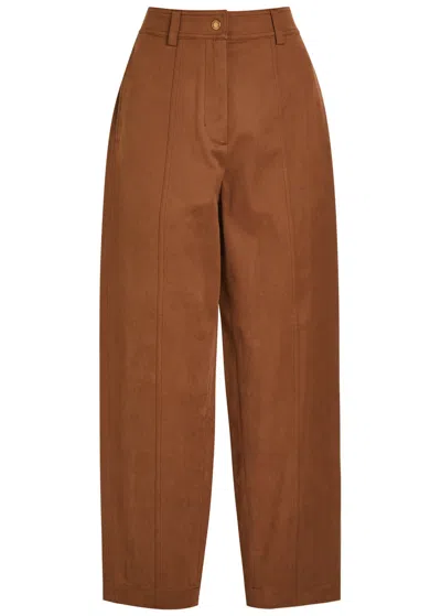 Moncler Barrel-leg Stretch-cotton Trousers In Brown