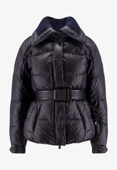 Moncler Puffer Jacket With Belted Waist And High Collar In Black