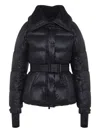 Moncler Puffer Jacket With Belted Waist And High Collar In Blue