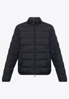 Moncler Quilted Down Jacket With High Collar And Logo Patch In Navy